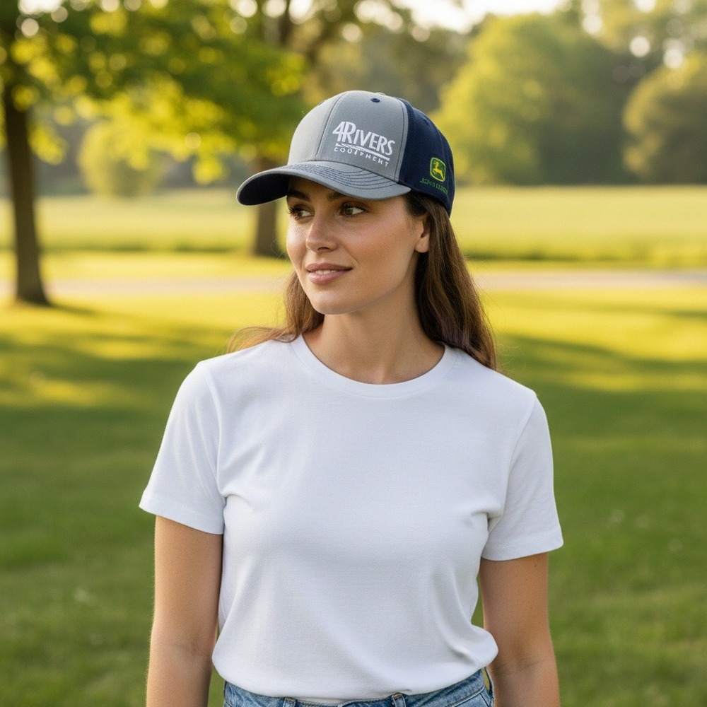 John Deere 4 Rivers Equipment Baseball Cap Gray Navy‎ Embroidered Logo